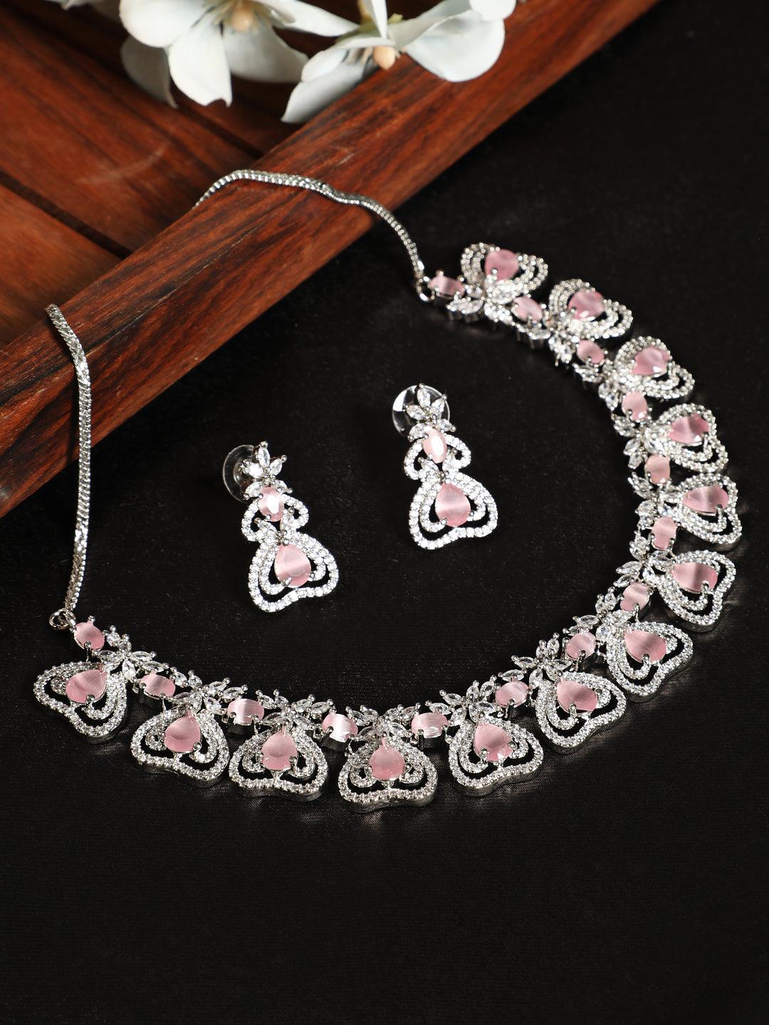 Women's Silver-Plated Pink American Diamond & Cz Studded Heart Shaped Handcrafted Necklace Set - Jazz And Sizzle - Indiakreations