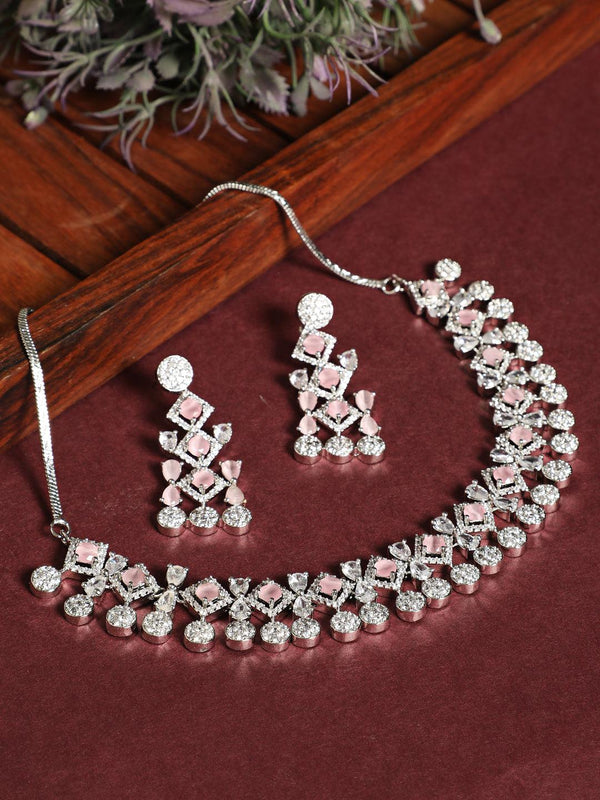 Women's Silver Plated Pink Studded American Diamond Handcrafted Necklace Set - Jazz And Sizzle - Indiakreations