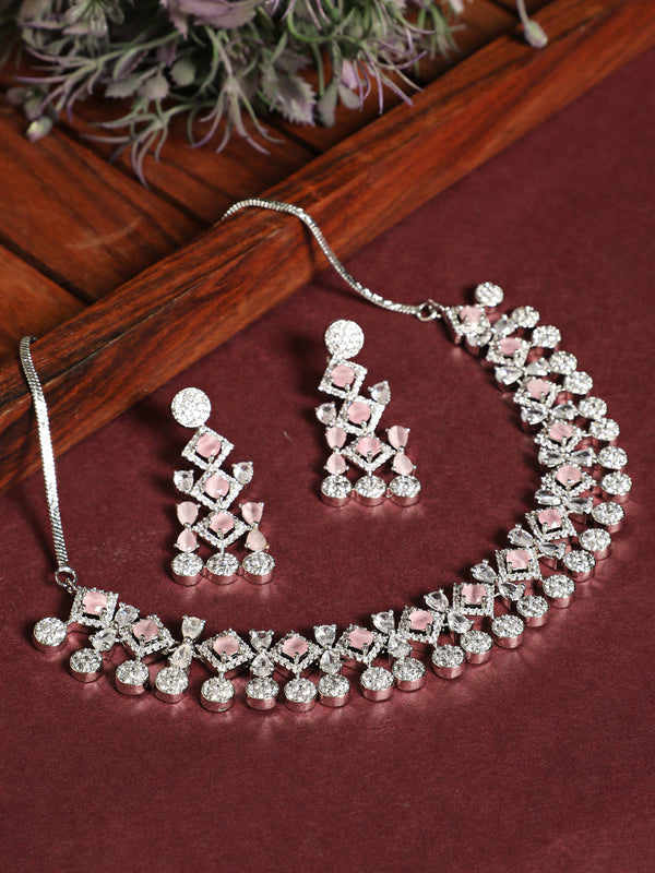 Women's Silver Plated Pink Studded American Diamond Handcrafted Necklace Set - Jazz And Sizzle