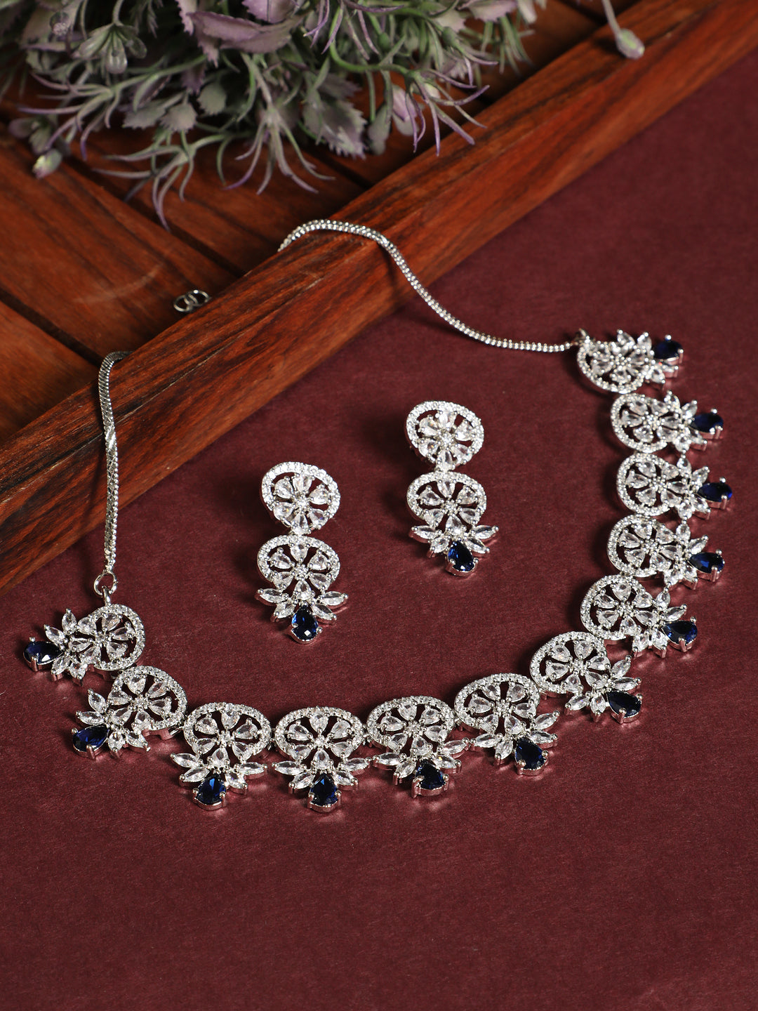 Women's Silver Plated Crystal Studded Blue American Diamond Handcrafted Necklace Set. - Jazz And Sizzle - Indiakreations