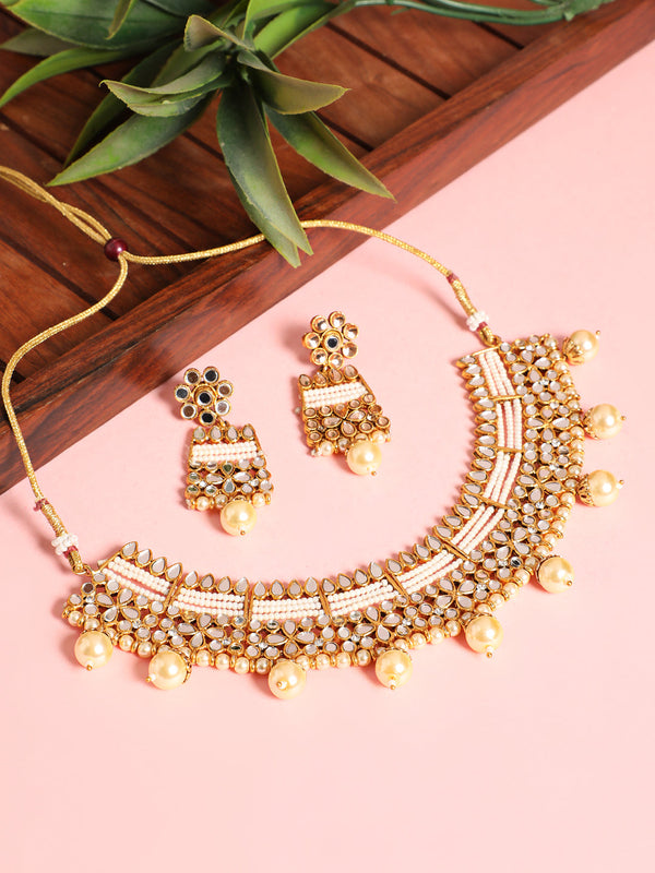 Women's Gold Plated Mirror Studded White Beads Reversible Necklace Set - Jazz And Sizzle