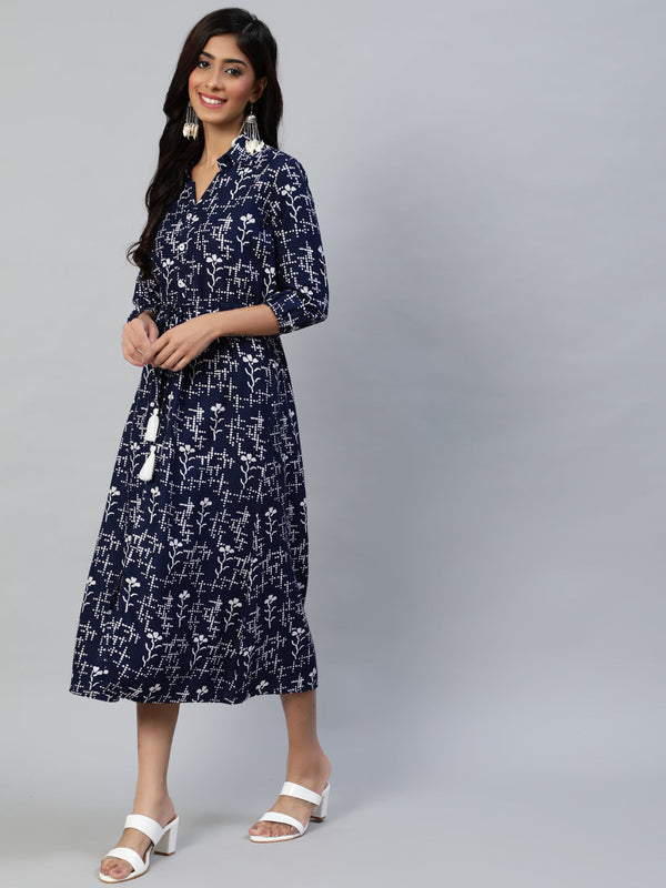 Women's Navy Blue Floral Shirt Midi Dress - Anubhutee