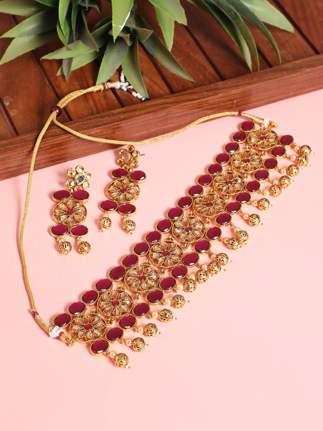 Women's Gold Plated Mirror Studded White Beads Red & Green Reversible Necklace Set - Jazz And Sizzle - Indiakreations