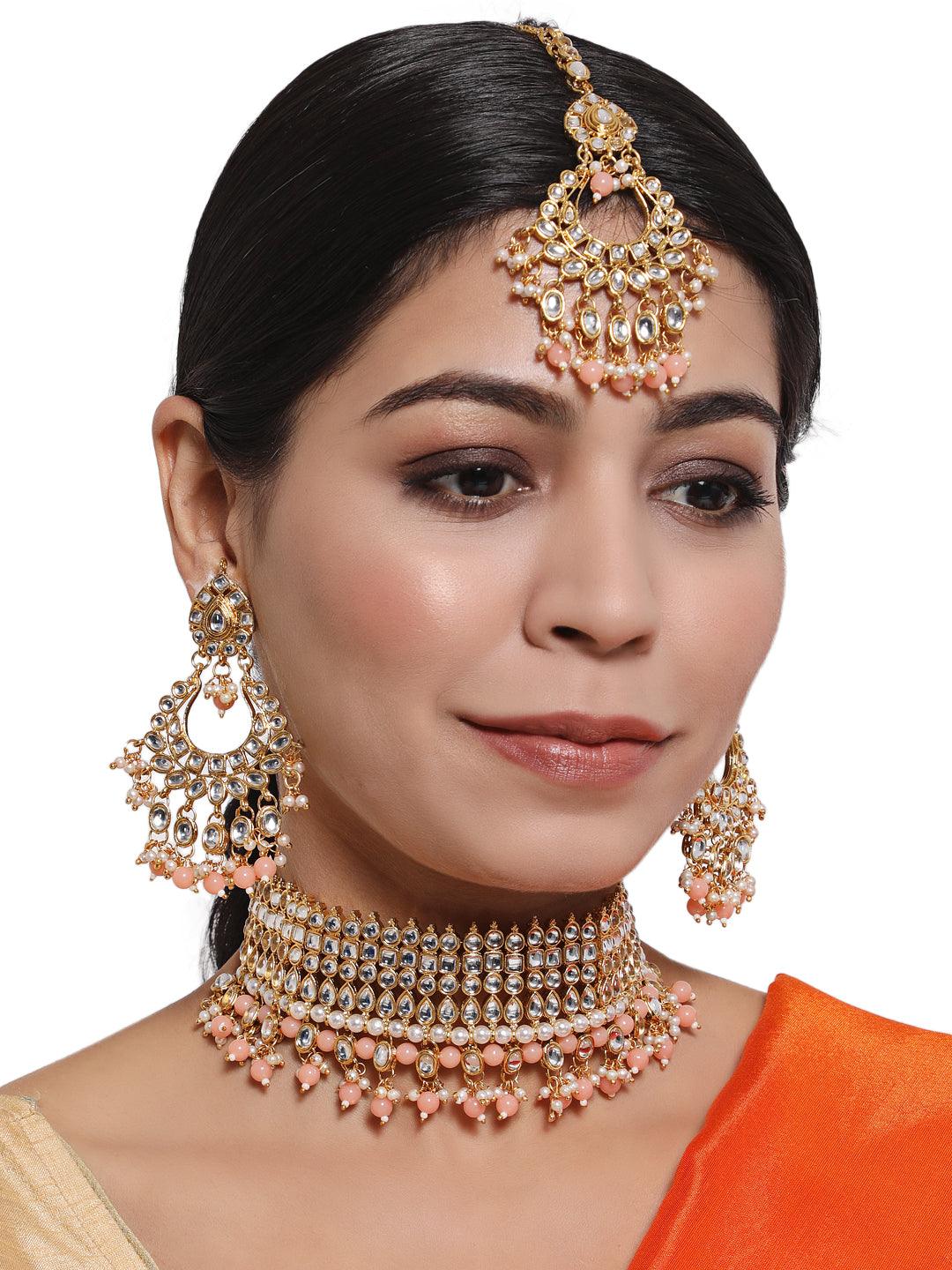 Women's Peach & White Gold-Plated Kundan Studded & Beaded Handcrafted Jewellery Set - Jazz and Sizzle - Indiakreations
