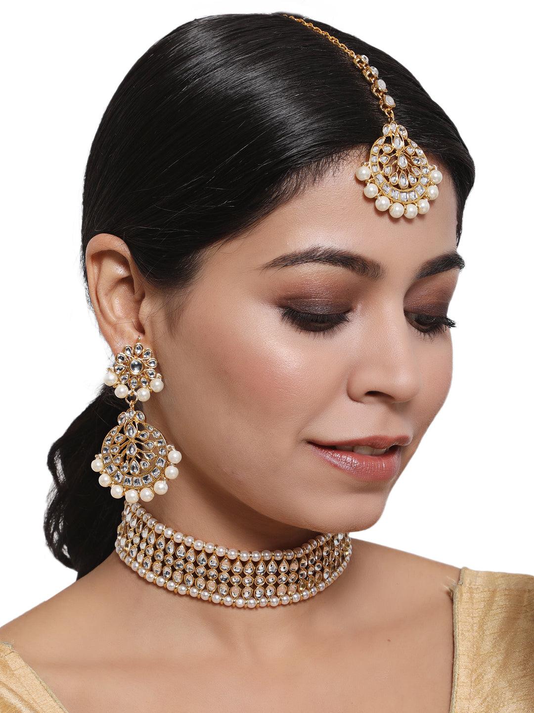 Women's Gold-Toned Kundan & Pearl Jewellery Set - Jazz and Sizzle - Indiakreations