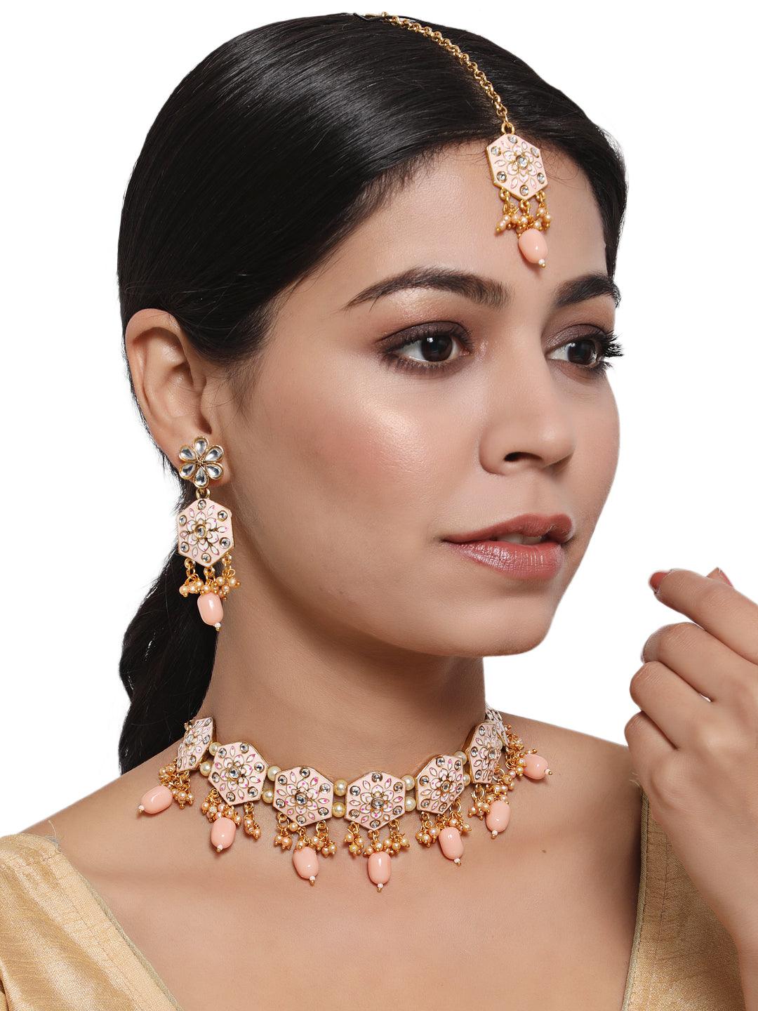 Women's Gold-Plated Peach & Pink Meenakari Jewellery Set with Maangtika - Jazz and Sizzle - Indiakreations