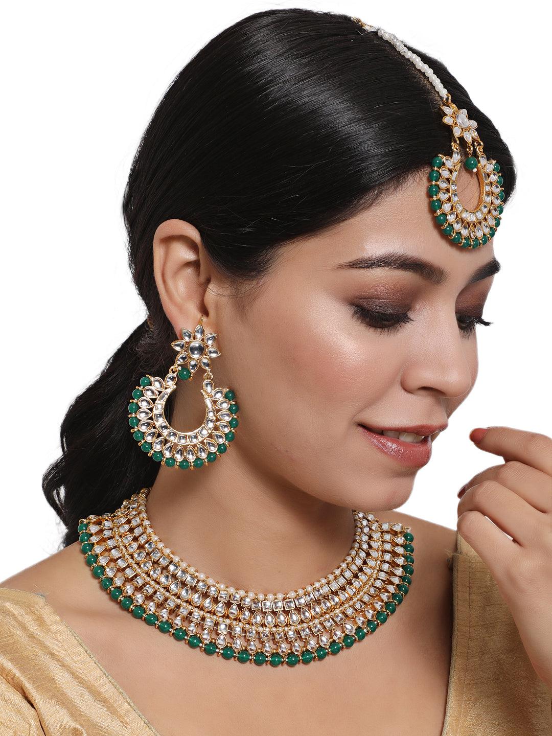 Women's Gold-Plated Green & White Kundan-Studded Chokers Jewellery Set - Jazz and Sizzle - Indiakreations