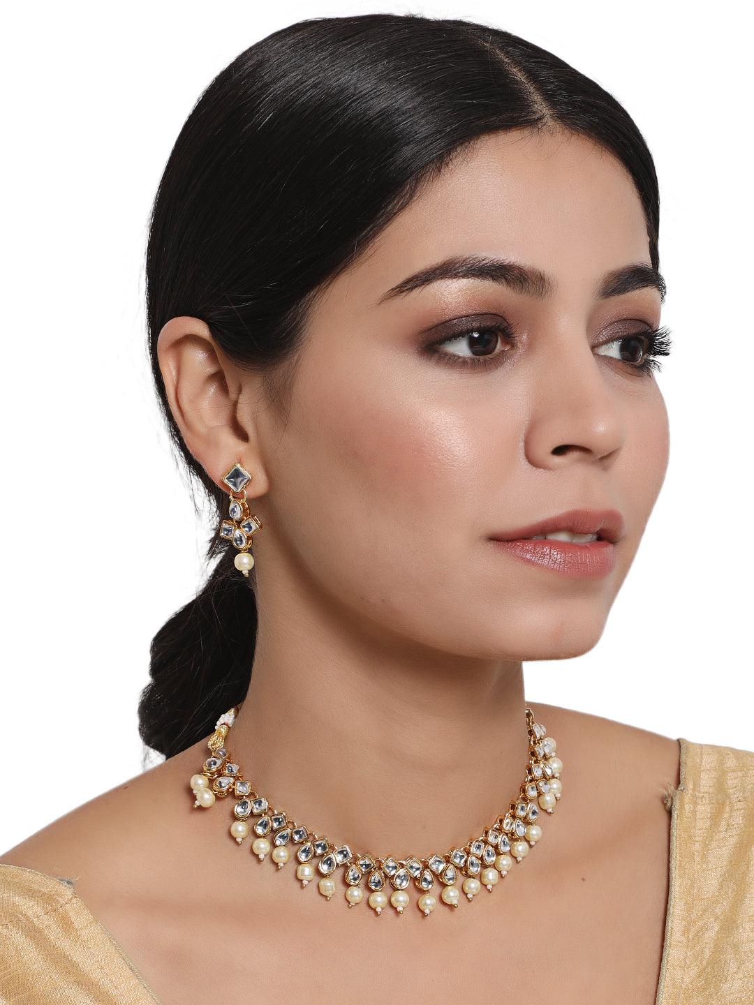 Women's Gold-Toned & White Contemporary Kundan Studded & Pearl Beaded Jewellery Set - Jazz and Sizzle - Indiakreations