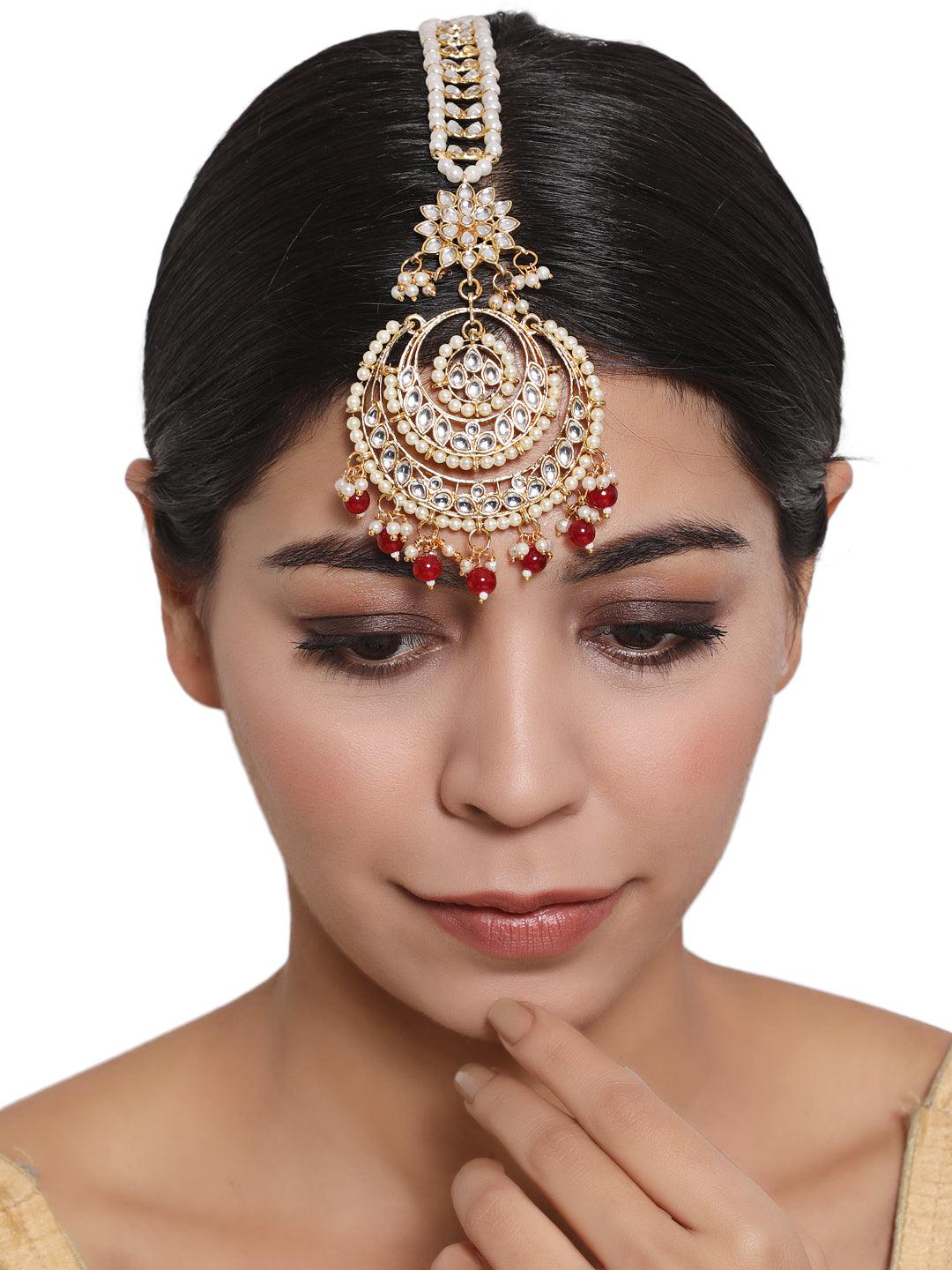 Women's Gold-Toned Mahroon & White Kundan stone studded & Pearls Traditional Maangtikka - Jazz and Sizzle - Indiakreations