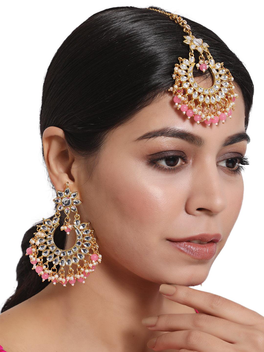 Women's Gold-Toned white Kundan studded & Pink Pearls Maangtikka & Earring Set - Jazz and Sizzle - Indiakreations