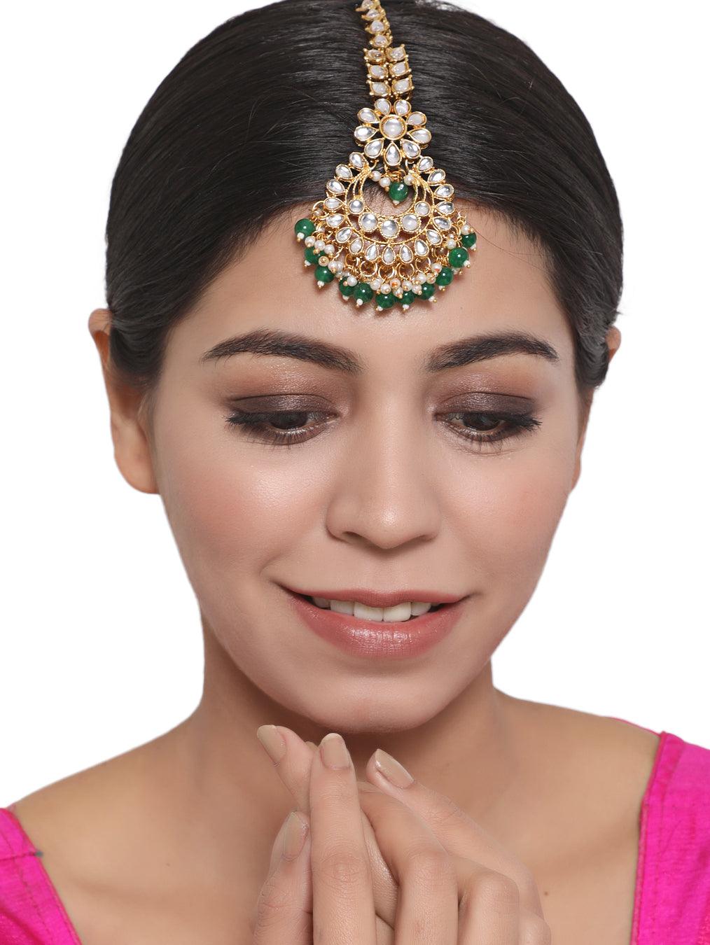 Women's Gold-Toned Green & White Kundan stone studded & Pearls Traditional Maangtikka - Jazz and Sizzle - Indiakreations