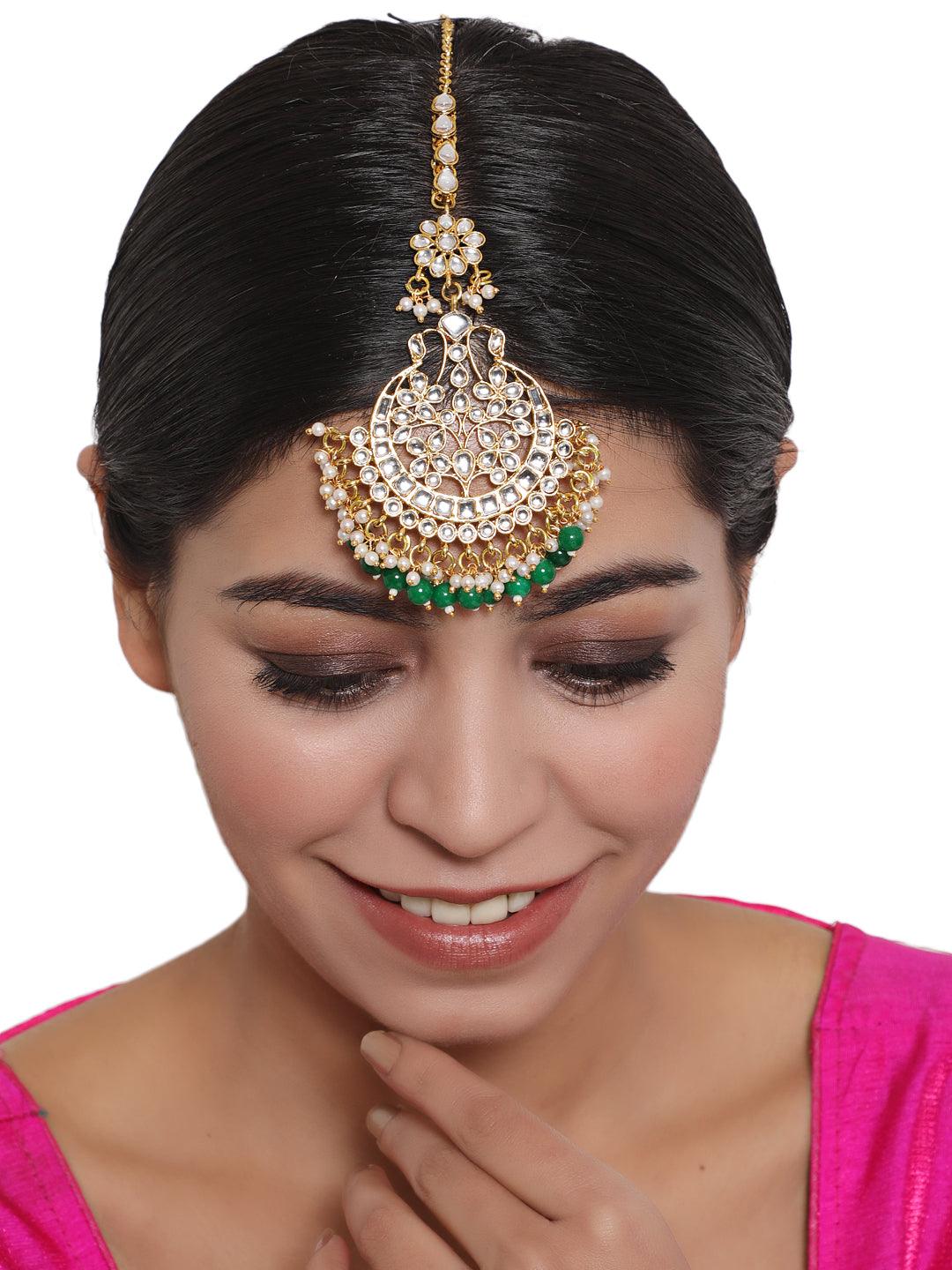 Women's Gold-Toned Green & White Kundan stone studded & Pearls Beaded Traditional Maangtikka - Jazz and Sizzle - Indiakreations