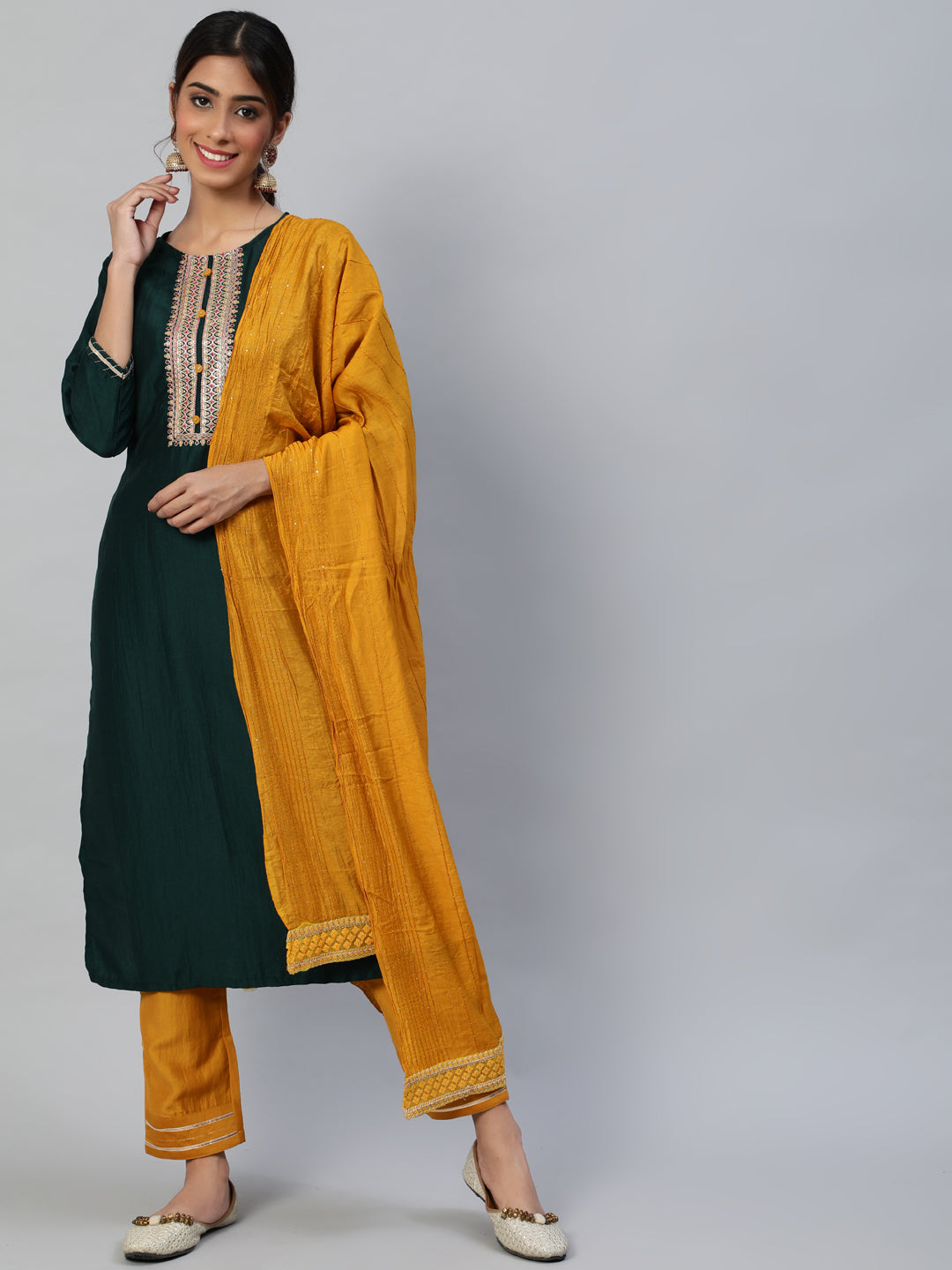 Women's Green Regular Kurta With Trousers With Dupatta - Anubhutee