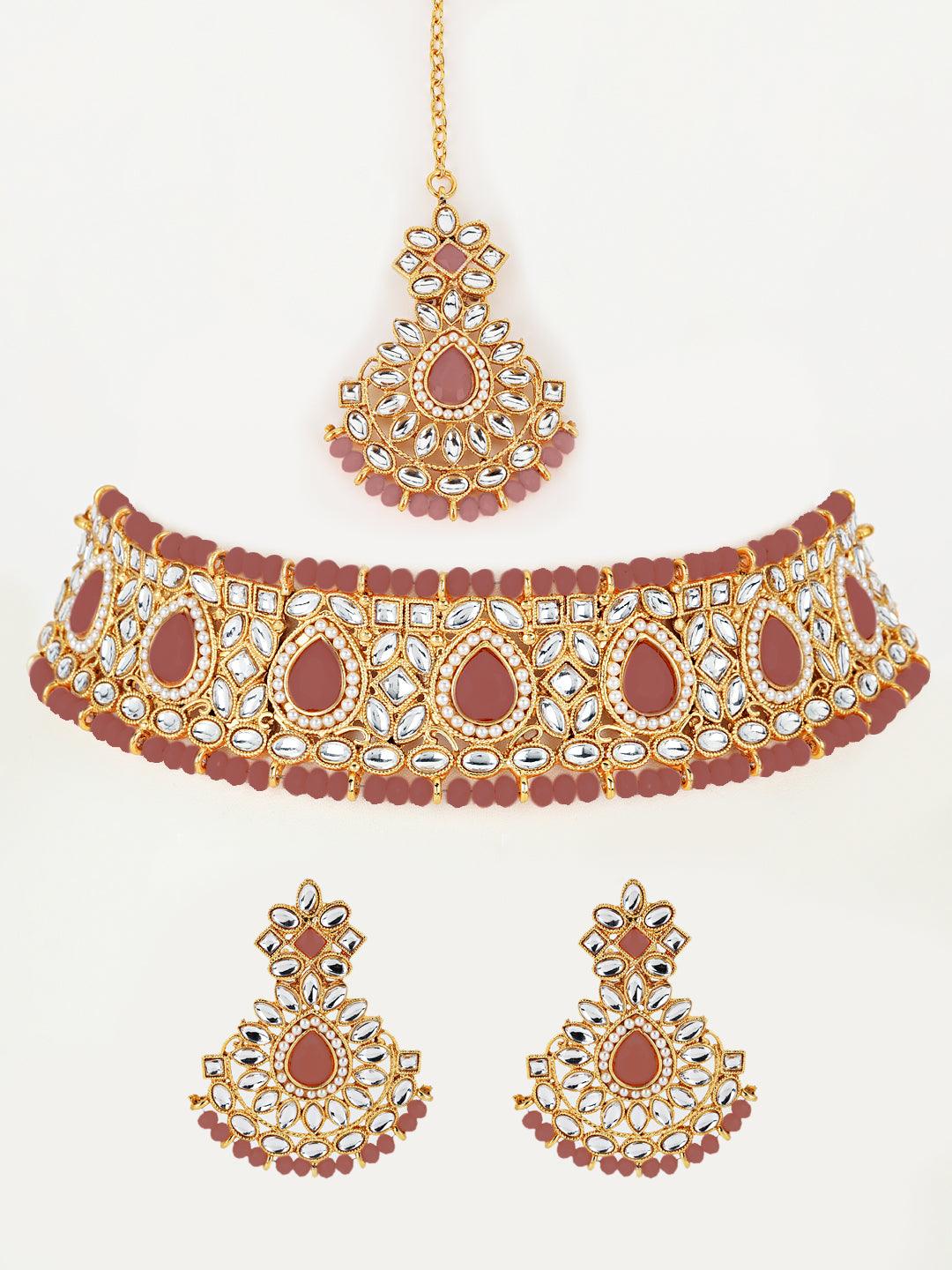 Women's Pink Kundan Pearls Gold Plated Chokers Set with MaangTikka - Jazz and Sizzle - Indiakreations