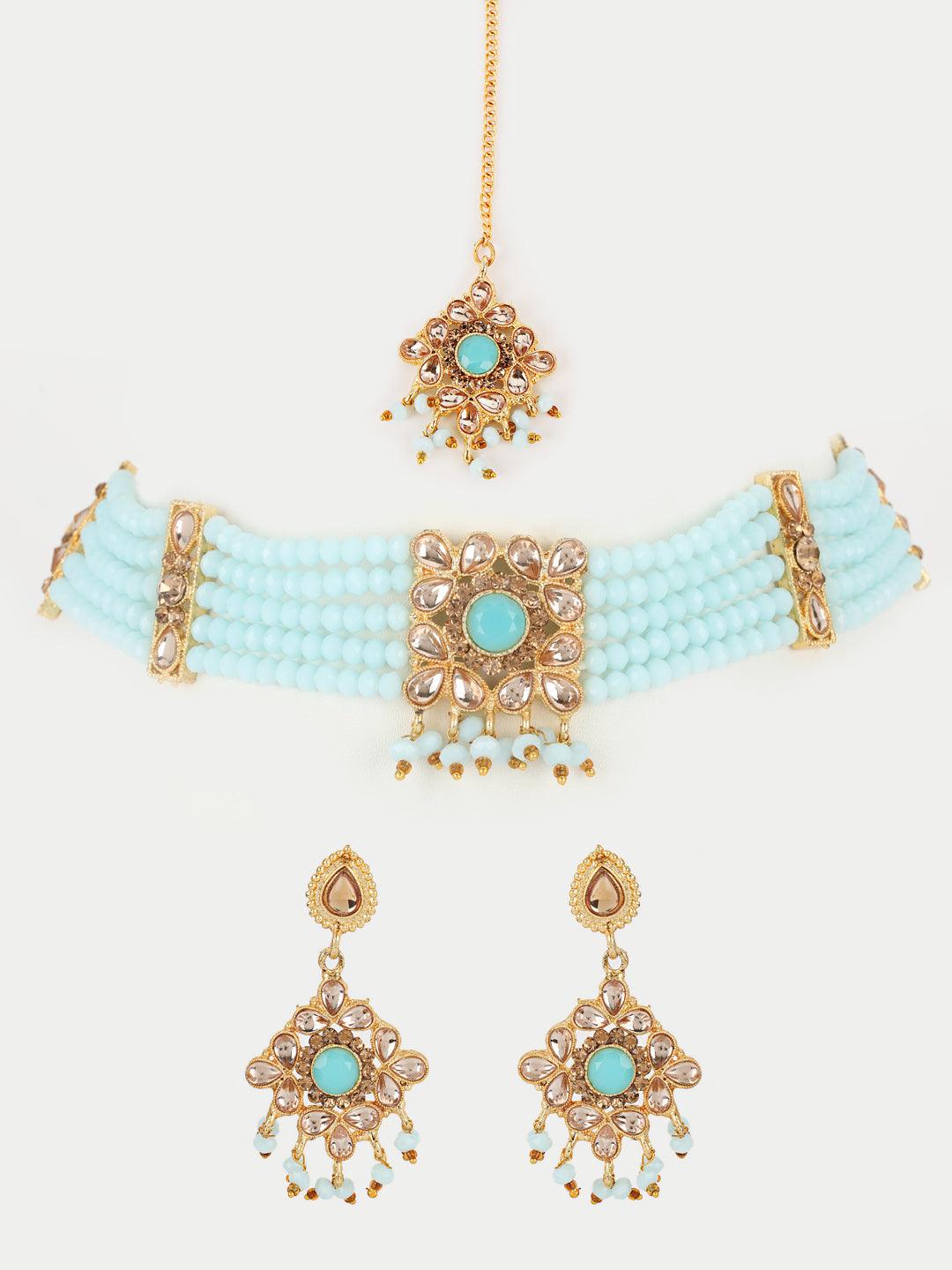 Women's Blue Kundan Gold Plated Chokers Set with Maangtika - Jazz and Sizzle - Indiakreations