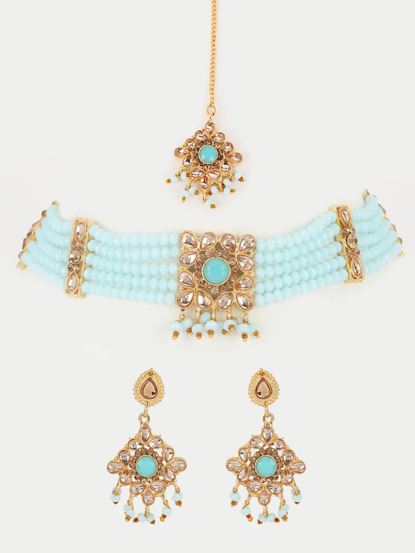 Women's Blue Kundan Gold Plated Chokers Set with Maangtika - Jazz and Sizzle