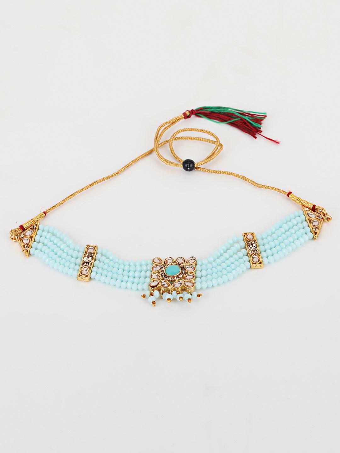 Women's Blue Kundan Gold Plated Chokers Set with Maangtika - Jazz and Sizzle - Indiakreations