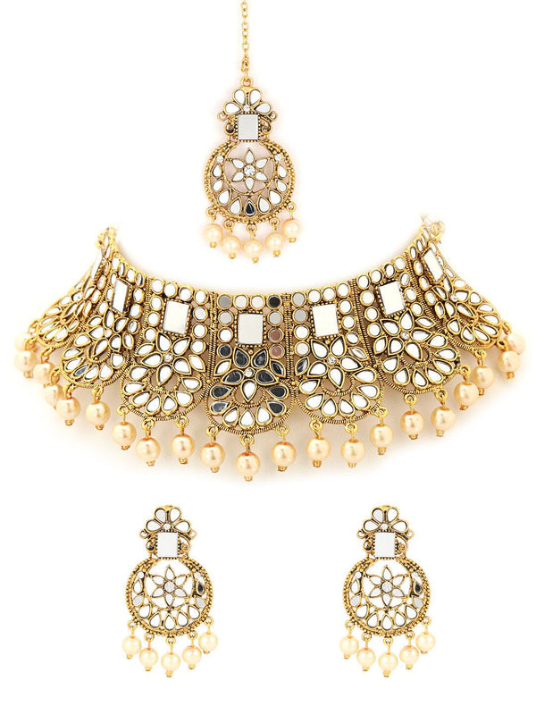 Women's Gold-Plated White Coloured Stone-Studded & Cream Pearl Beaded Handcrafted Jewellery Set - Jazz and Sizzle - Indiakreations