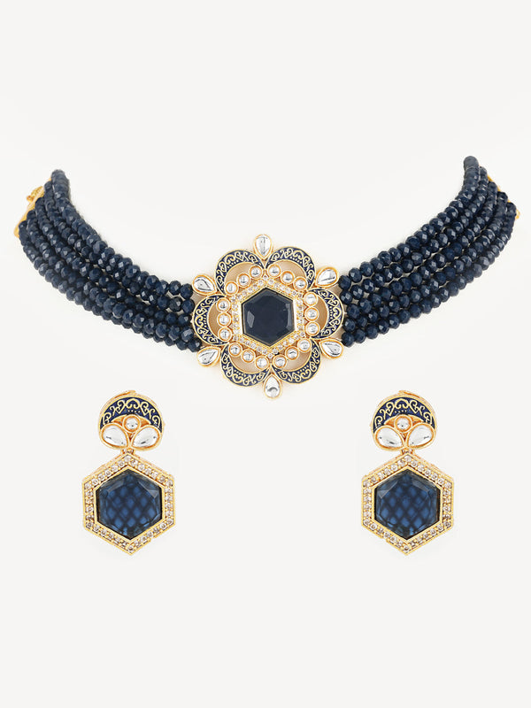 Women's Blue Kundan Gold Plated Chokers Set - Jazz and Sizzle