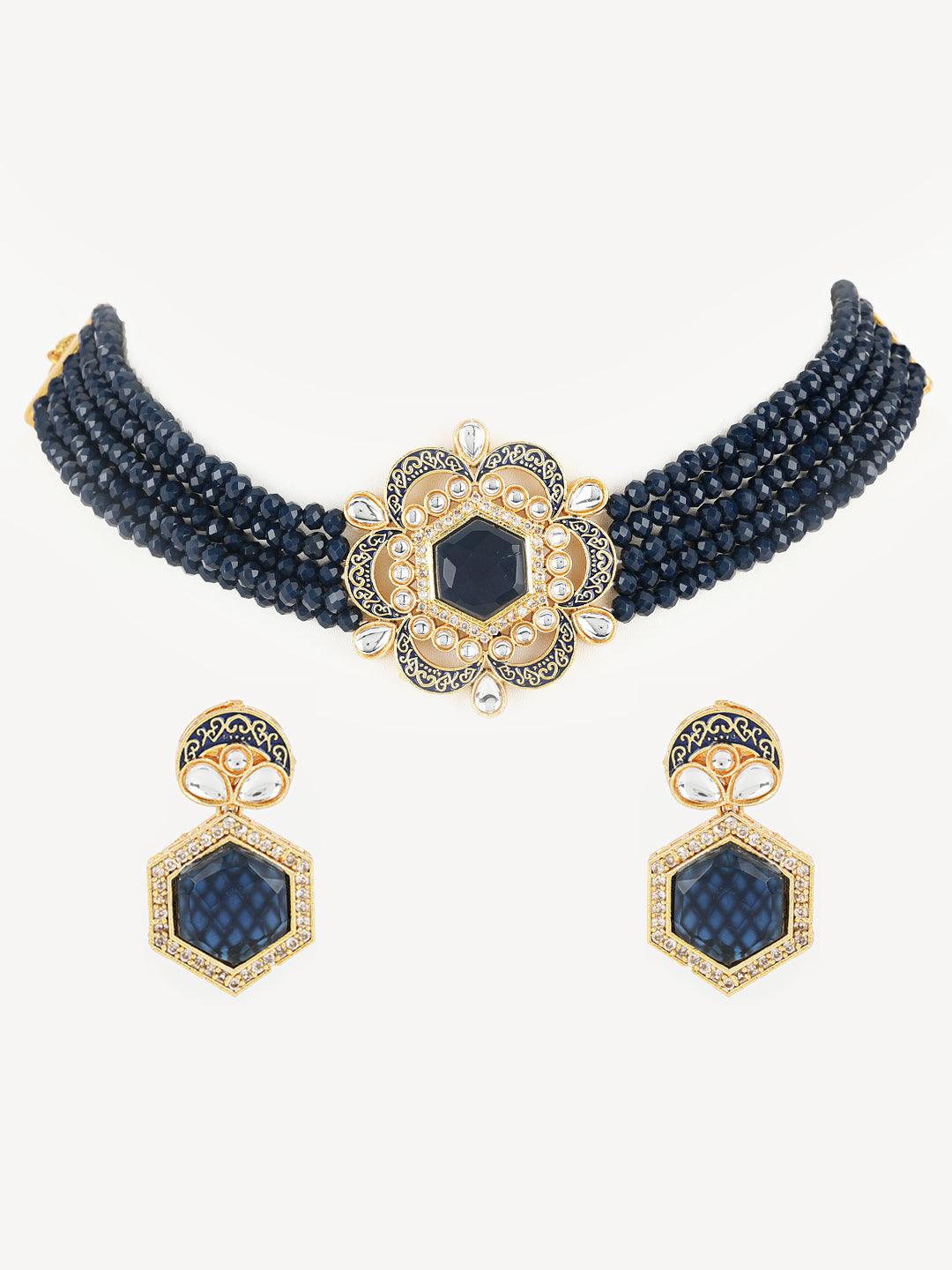 Women's Blue Kundan Gold Plated Chokers Set - Jazz and Sizzle - Indiakreations