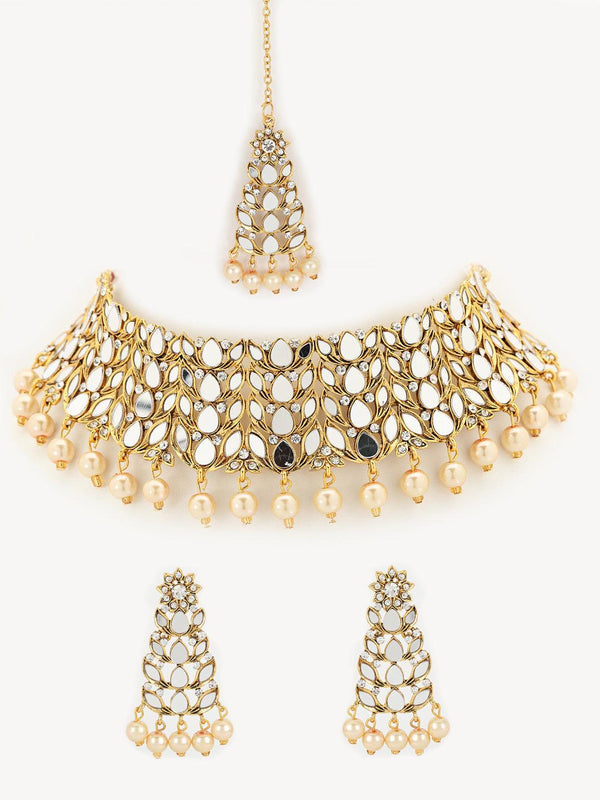 Women's Gold-Plated White Coloured Stone-Studded & Pearl Beaded Handcrafted Jewellery Set - Jazz and Sizzle - Indiakreations