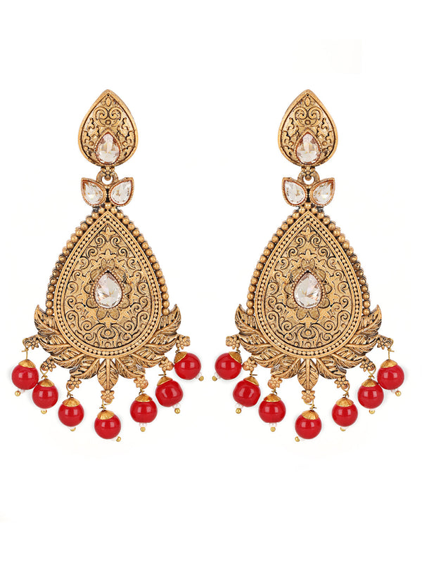 Women's Antique Gold-Toned color Kundan-Studded & Beaded Handcrafted Dome shaped Oval Drop Earrings  - Jazz and Sizzle