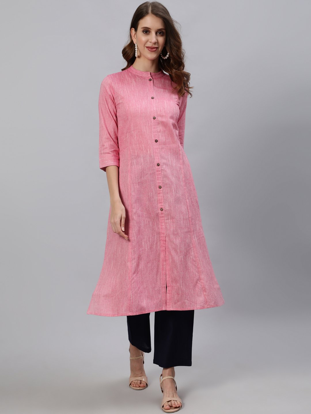 Women's Pink  Navy Blue Panelled Kurta With Trousers - Anubhutee