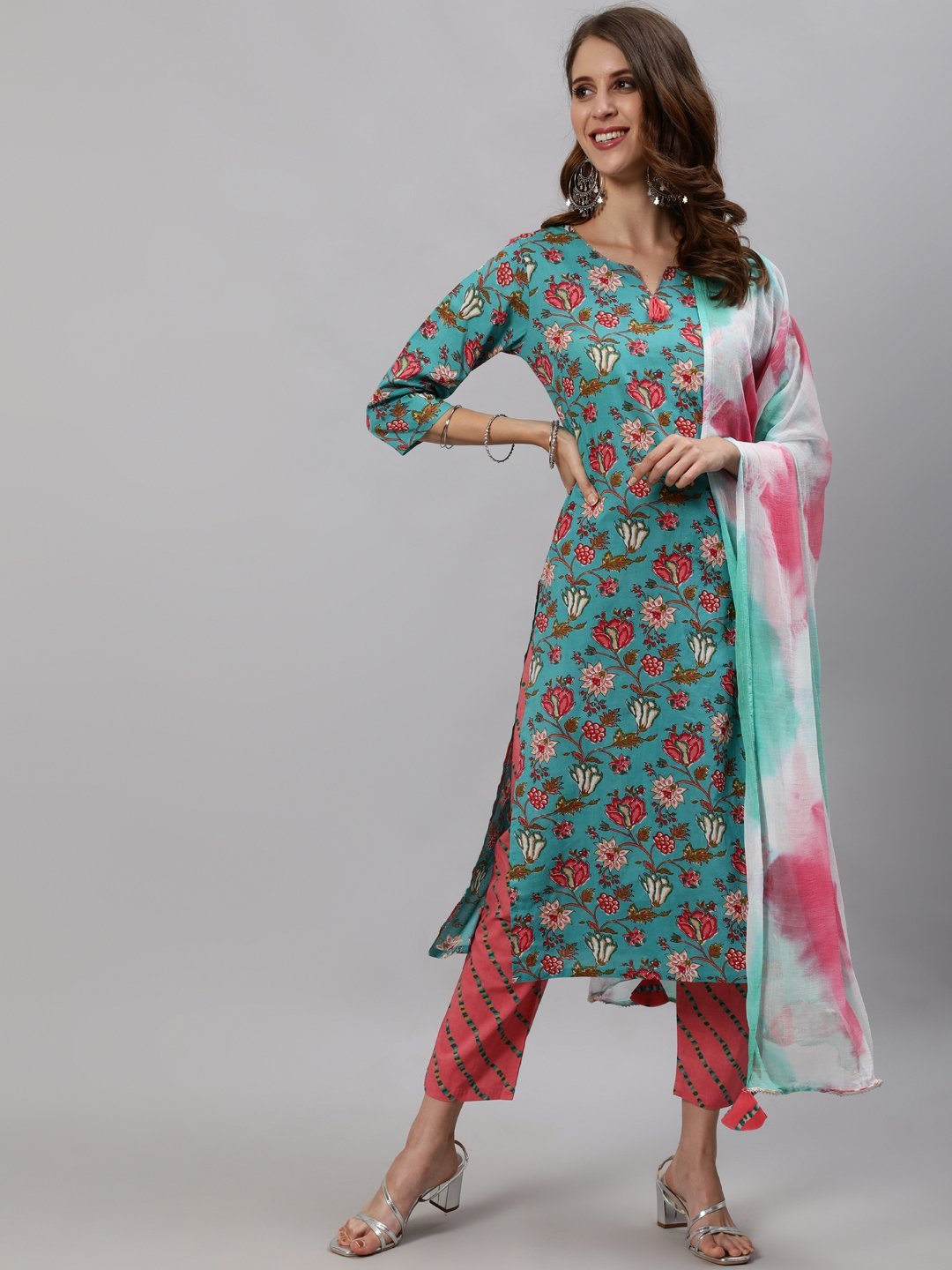 Women's Green  Peach-Coloured Floral Printed Kurta With Trousers  Dupatta - Anubhutee