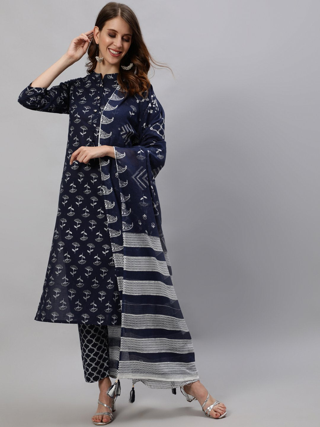 Women Blue Printed Suit Set by Anubhutee (Set of 3)