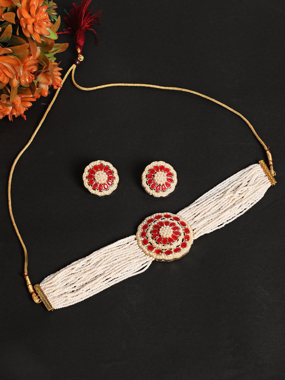 Women's Pink Gold-Plated Kundan Chokers Necklace & Earring Set - Jazz and Sizzle - Indiakreations