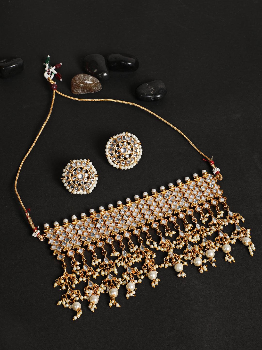 Women's Gold-Plated & White Kundan-Studded & Beaded Jadau Jewellery Set - Jazz and Sizzle - Indiakreations