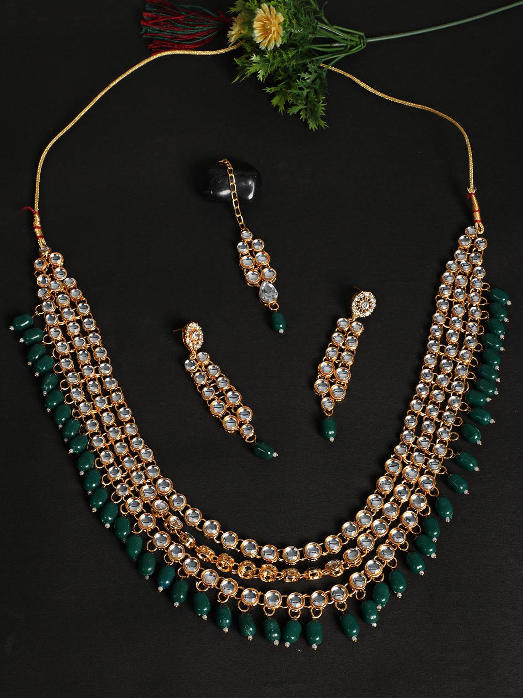 Women's Green Gold-Plated Bridal Kundan Layered Jewellery Set - Jazz and Sizzle - Indiakreations