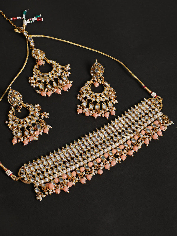 Women's Peach & White Gold-Plated Kundan Studded & Beaded Handcrafted Jewellery Set - Jazz and Sizzle