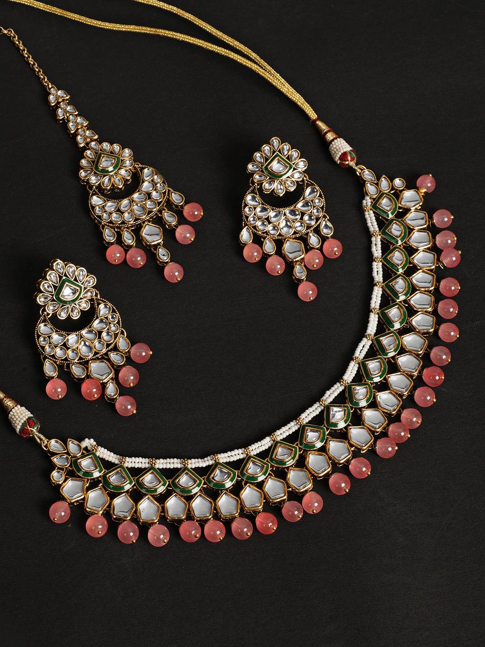 Women's Gold-Plated Pink & White Kundan-Studded Beaded Handcrafted Jewellery - Jazz and Sizzle - Indiakreations