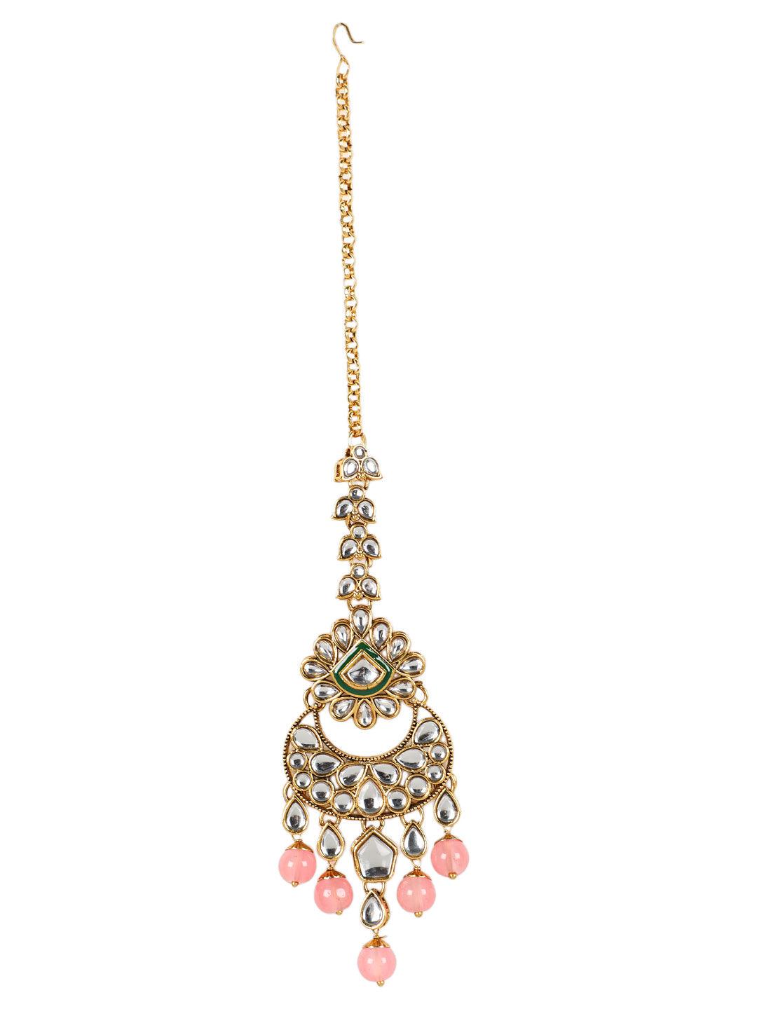 Women's Gold-Plated Pink & White Kundan-Studded Beaded Handcrafted Jewellery - Jazz and Sizzle - Indiakreations