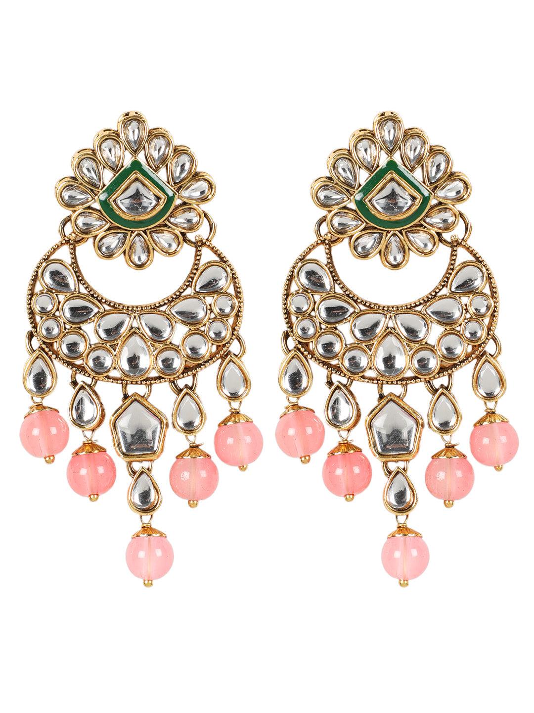 Women's Gold-Plated Pink & White Kundan-Studded Beaded Handcrafted Jewellery - Jazz and Sizzle - Indiakreations