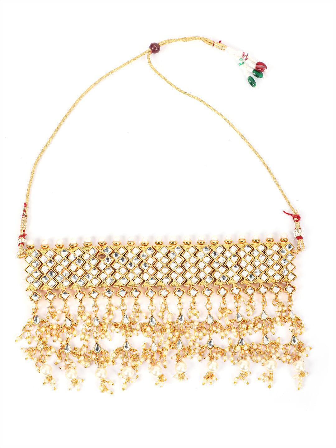 Women's Gold-Plated & White Kundan-Studded & Beaded Jadau Jewellery Set - Jazz and Sizzle - Indiakreations