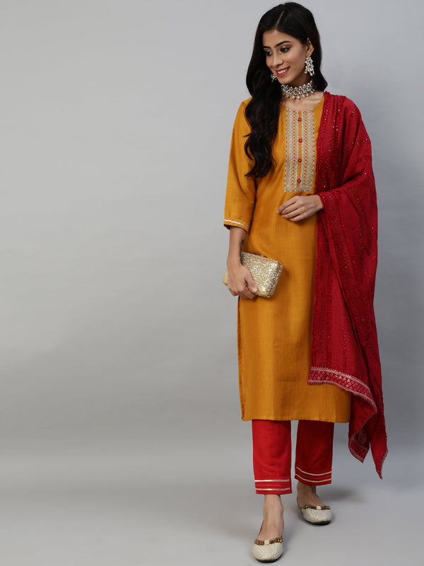 Women Yellow Cotton Kurta with Trousers & Dupatta by Anubhutee (3 Pc Set)