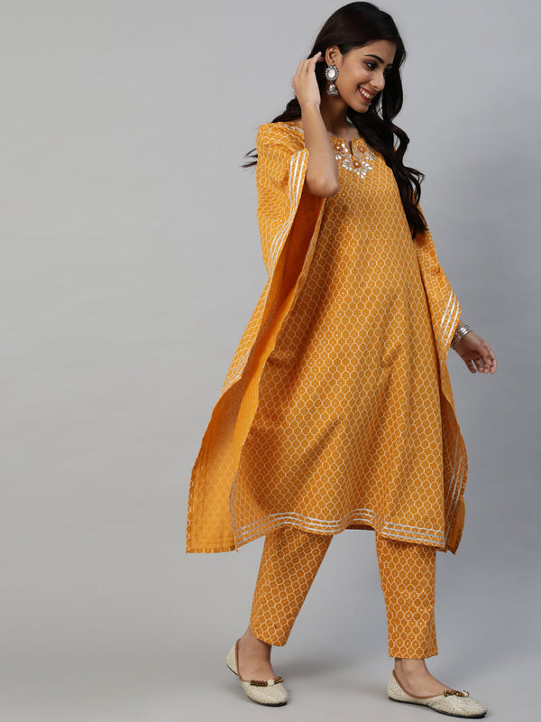 Women's Yellow Printed Cotton Kaftan Kurta with Trousers by Anubhutee (2 Pc Set)