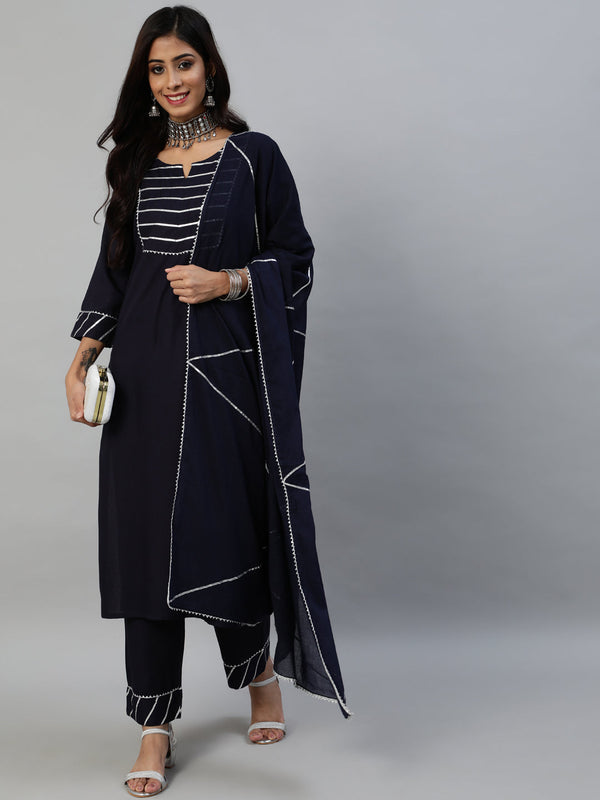 Women Navy Blue Kurta with Trousers & Dupatta by Anubhutee (3 Pc Set)