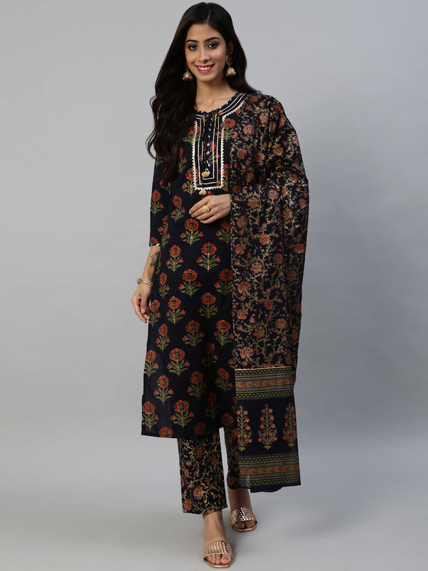 Women Black Floral Printed Cotton Kurta with Palazzo & Dupatta by Anubhutee (3 Pc Set)