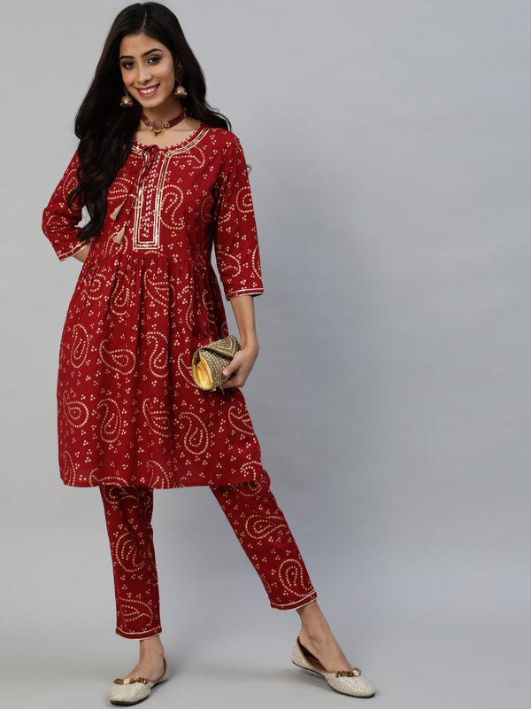 Women Red Bandhani Printed Cotton Kurta with Trousers by Anubhutee (2 Pc Set)