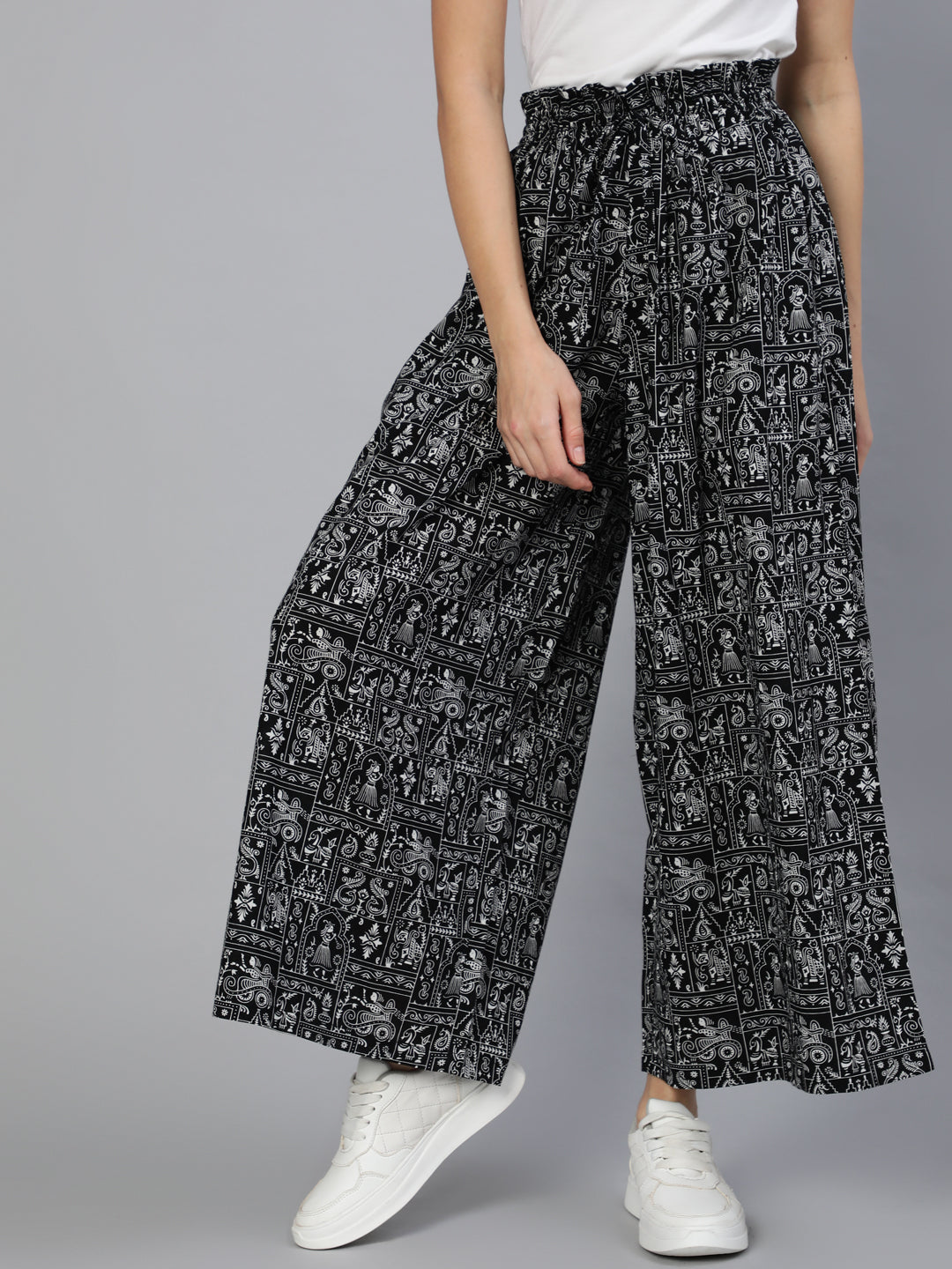 Women Black Printed Wide Legged Printed Plazo With Side Pockets | NOZ2TOZ - Made In INDIA.