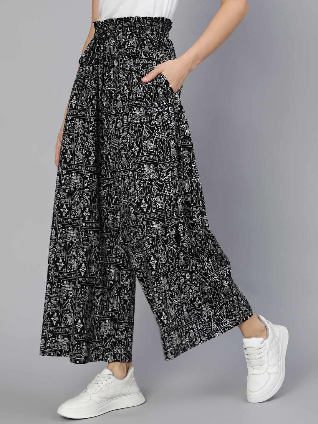 Women Black Printed Wide Legged Printed Plazo With Side Pockets | NOZ2TOZ - Made In INDIA.