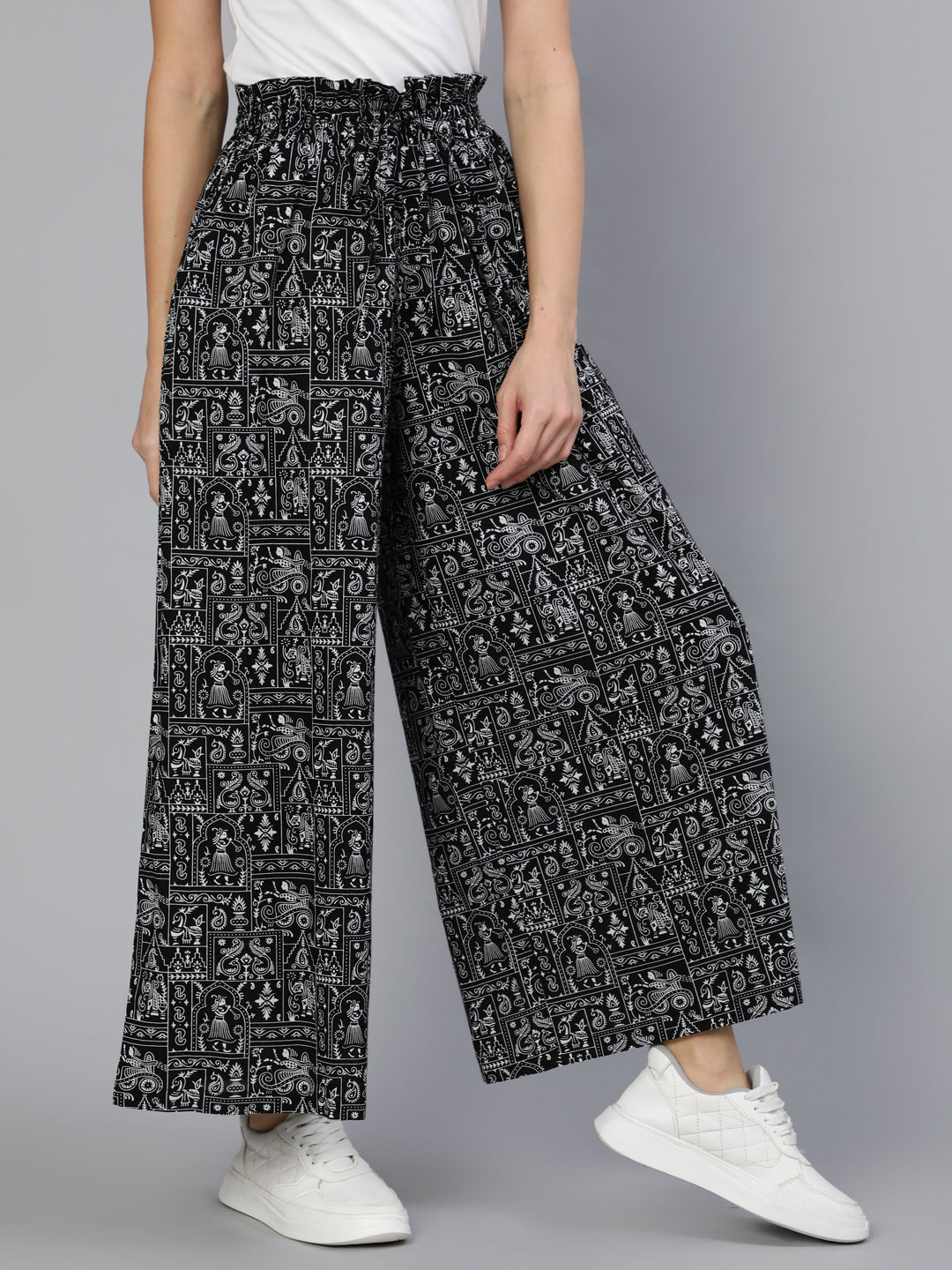 Women Black Printed Wide Legged Printed Plazo With Side Pockets | NOZ2TOZ - Made In INDIA.