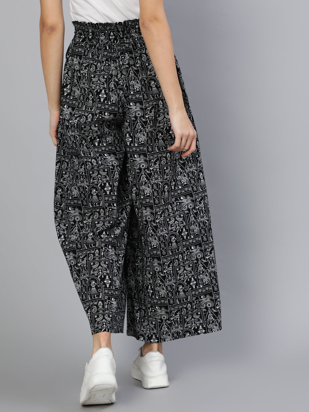 Women Black Printed Wide Legged Printed Plazo With Side Pockets | NOZ2TOZ - Made In INDIA.