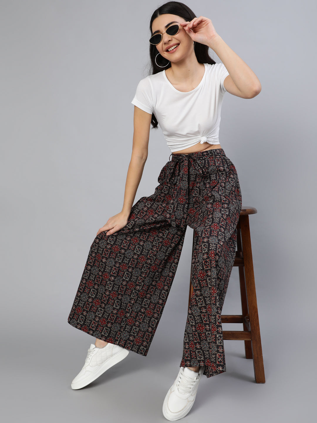 Women Black Wide Legged Printed Plazo With Side Pockets | NOZ2TOZ - Made In INDIA.