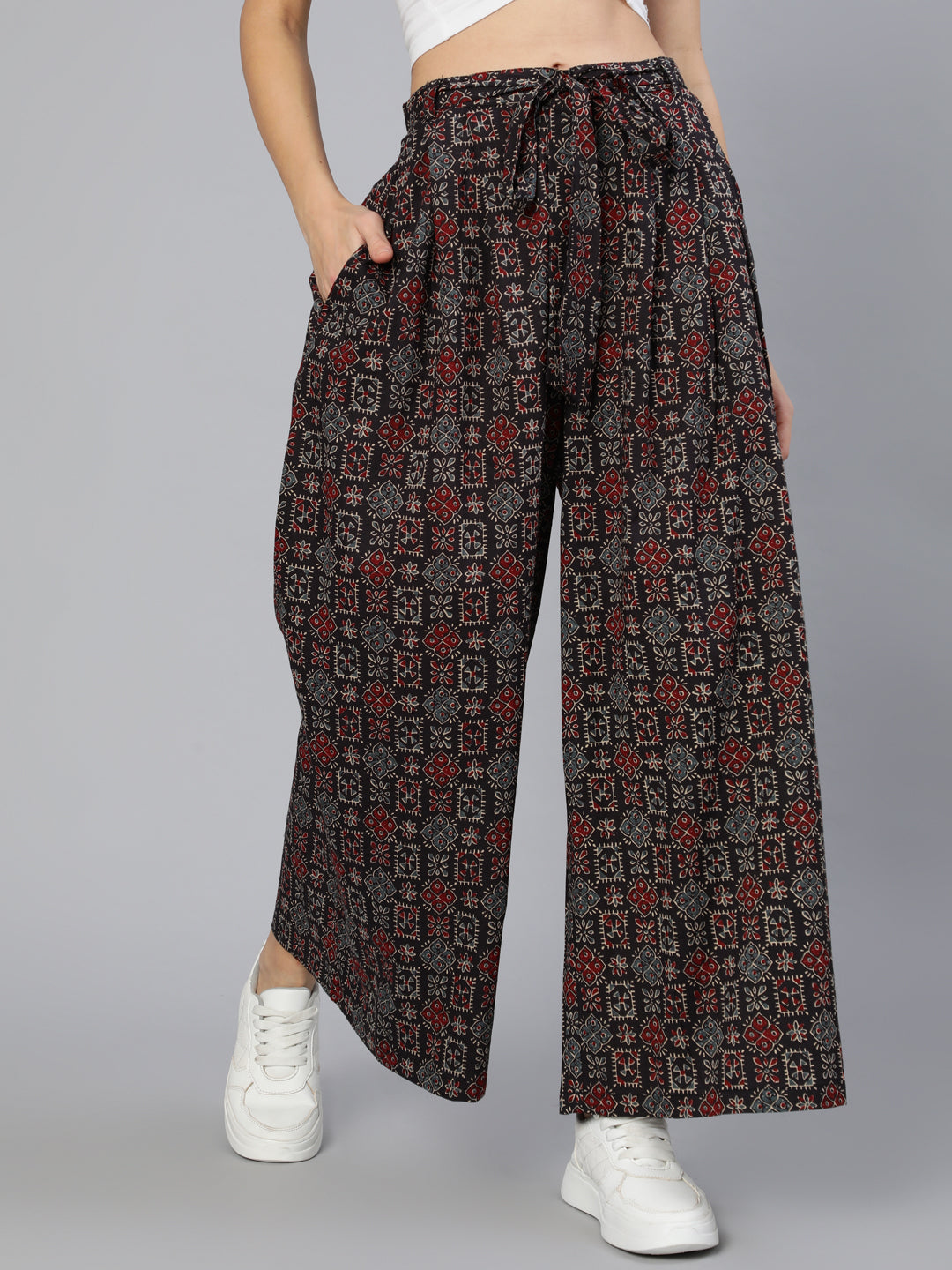 Women Black Wide Legged Printed Plazo With Side Pockets | NOZ2TOZ - Made In INDIA.