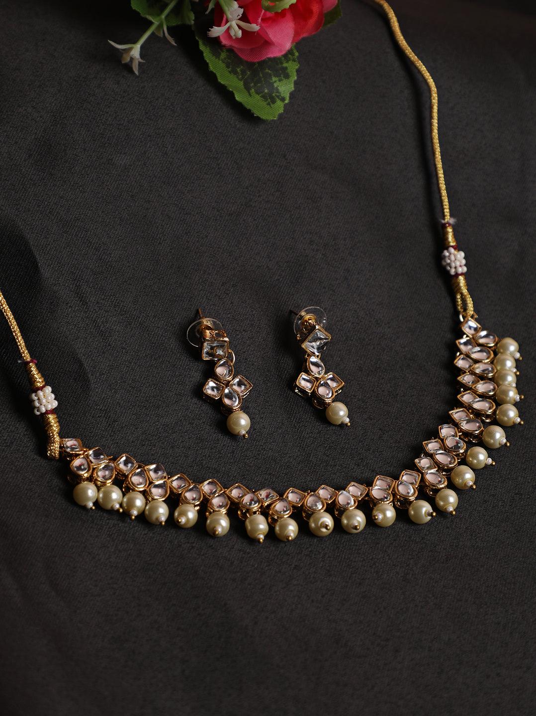 Women's Gold-Toned & White Contemporary Kundan Studded & Pearl Beaded Jewellery Set - Jazz and Sizzle - Indiakreations