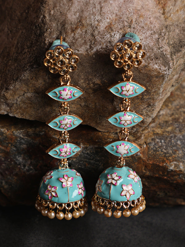 Women's  Green & Meenakari Enamel Pink Floral Long Jhumka Earrings - Jazz and Sizzle